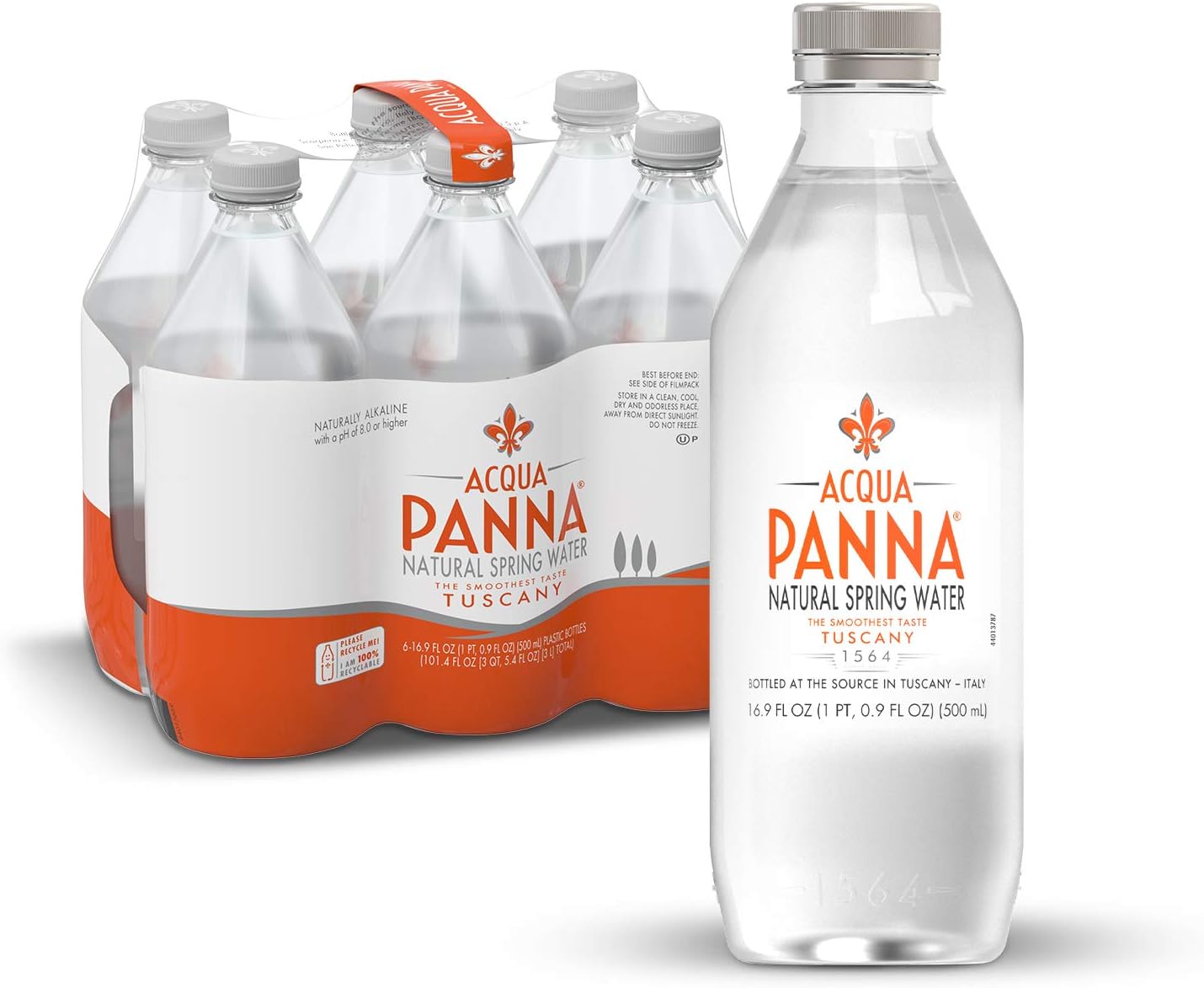 Acqua Panna Natural Spring Water, 16.9 Fl. Oz. Plastic bottles, Pack of 6