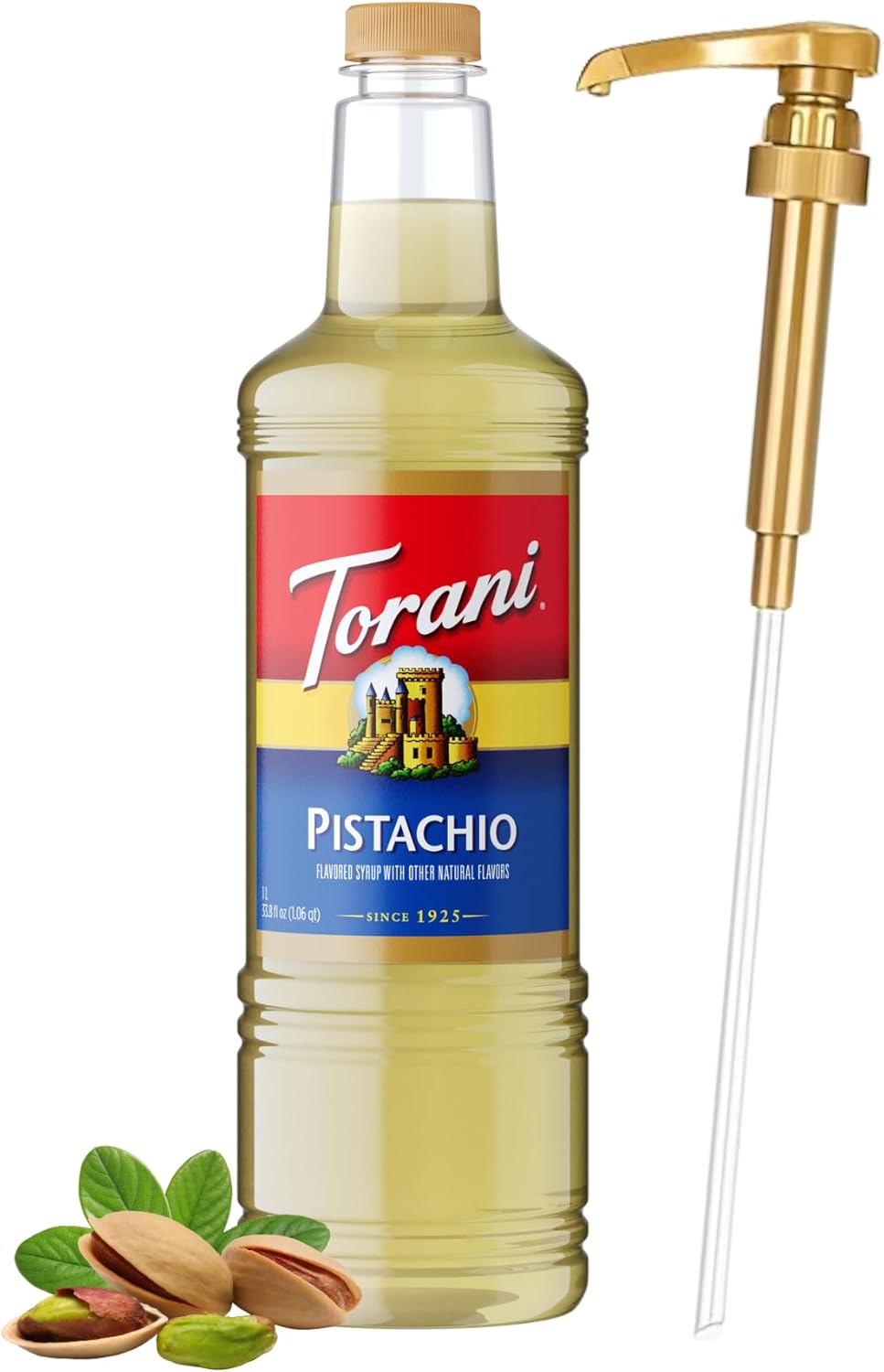 Torani Pistachio Coffee Syrup 1 Liter Bottle with Pump Dispenser – Flavored Syrup with Pure Cane Sugar & Natural Pistachio Essence – Perfect for Lattes, Desserts & Cocktails