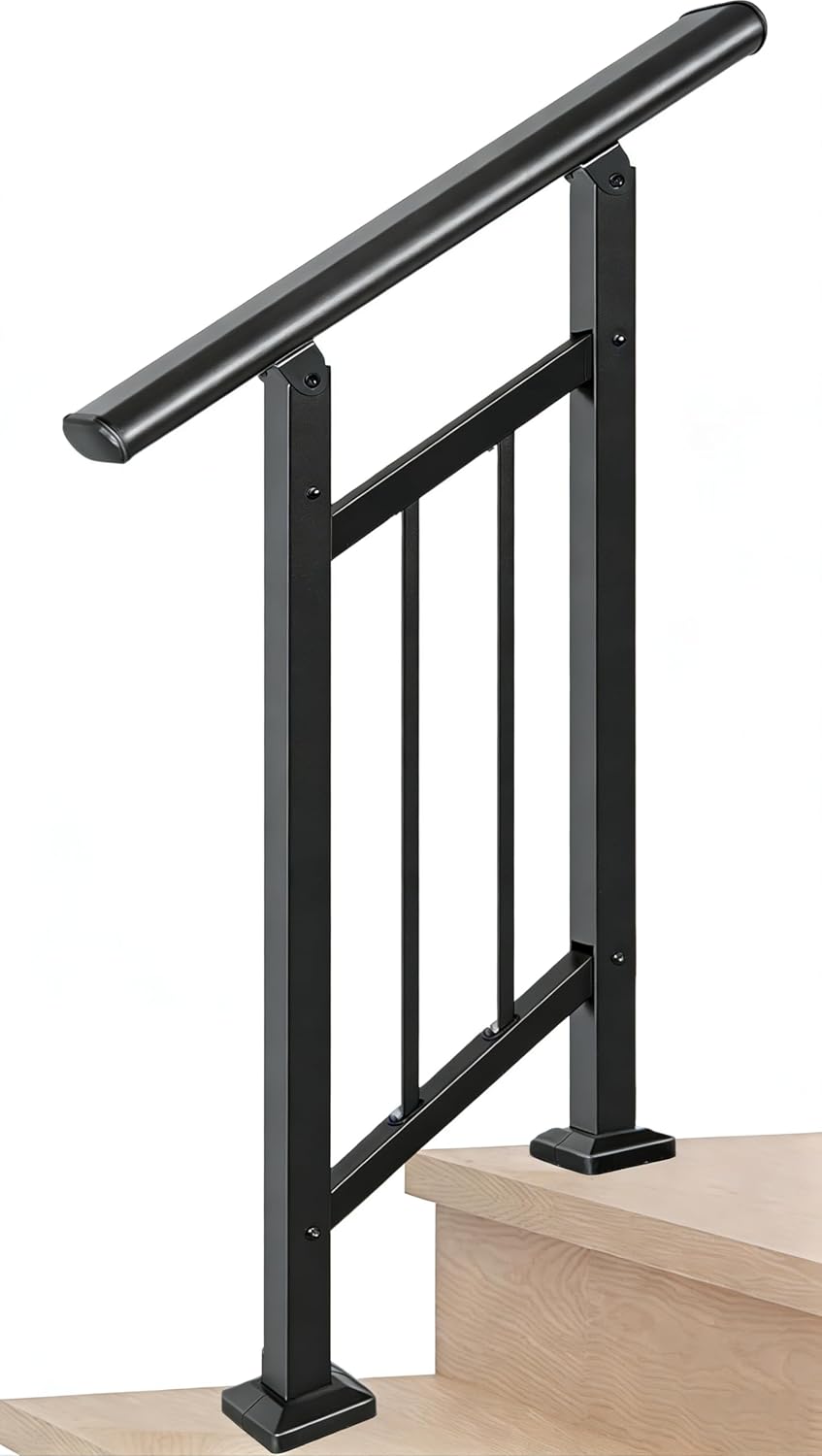 Hand Rails for Outdoor Steps，Stair Handrail & Indoor Stair Railing Kit，Railings for Outdoor Steps for Fence & Outdoor Steps (1, Black-with Balusters, 2 Step)