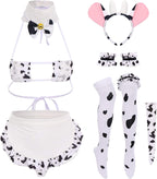 FYMNSI Women Sexy Milk Cow Lingerie Set Anime Maid Cosplay Costume Mini Bikini Bra Bodysuit with Bell Choker Stockings Outfit