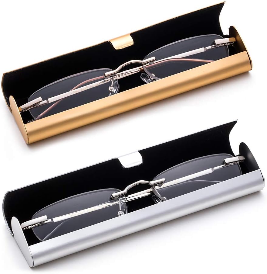 Newbee Fashion-Portable Compact Reading Glasses in Aluminum Case Metal Rectangle Rimless Reading Glasses Super Lightweight Reader Slim Design Comfort Fit for Men&Women 2 PACK GOLD & SILVER+1.75