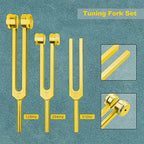 Tuning Fork Set 128Hz 256Hz 512Hz with Reflex Hammer, Gold Aluminum Alloy Tuning Forks for Sound Therapy, Meditation & Yoga, 3 PCS