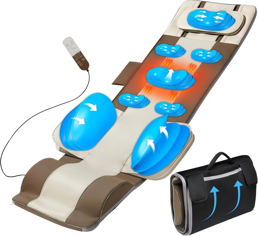 Full Body Massage Mat, 3D Body Stretching Back Massager with Heat, Lumbar Stretching & Neck Support for Bed Sofa Floor, 4 Modes 3 Intensities, Portable & Foldable, PU Leather, Gifts for Mom Dad