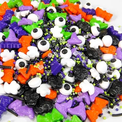 Halloween Sprinkles Mix - 130g Edible Cake Decorations with Bats, Skulls, Ghosts, Pumpkins, Candy Eyeballs & Nonpareils Jimmies Sprinkles for Scary Cupcakes, Cookies, Cake Toppings and DIY Spooky Treats