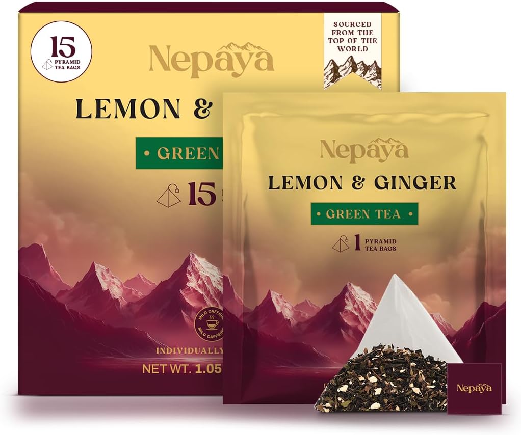 Nepaya Lemon Ginger Green Tea Bags – 15 Individually Wrapped Biodegradable Pyramid Tea Bags, Low Caffeine, Fruity Citrus Flavor with Zesty Lemon & Spicy Ginger, Premium High-Grown Nepal Green Tea