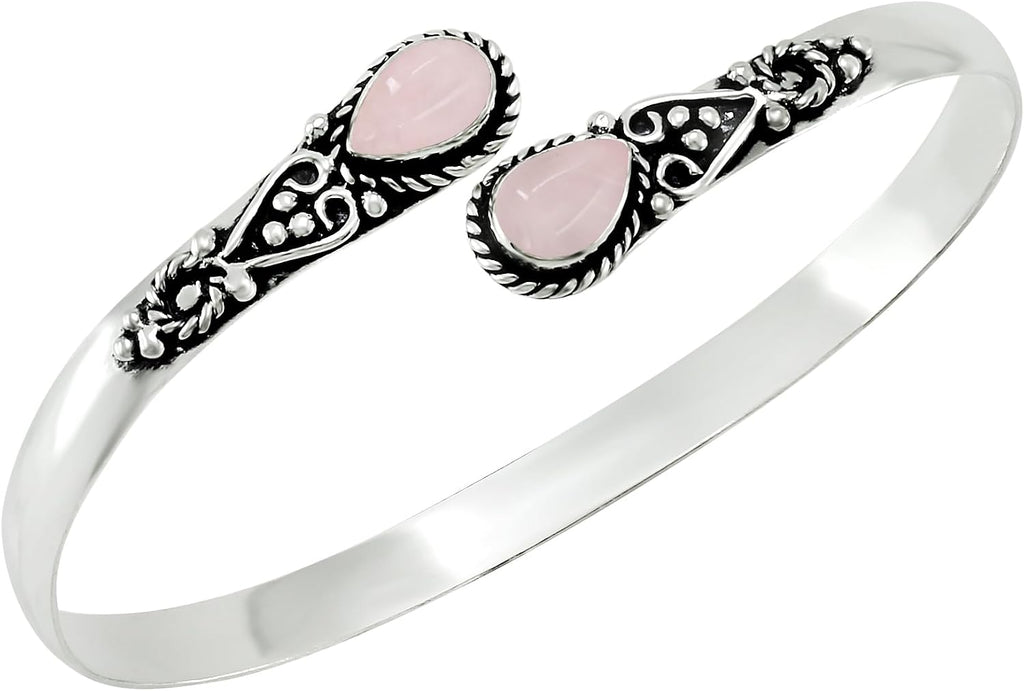 Pear Shape Natural Gemstones Bangle for Women - 925 Sterling Silver Plated Handmade Cuff Bracelet - Birthstone Adjustable Open Bangle Jewelry - Gift for Wedding Anniversaries Valentine's Day Christmas