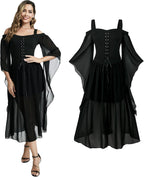 Women Renaissance Costumes Gothic Halloween Costume Cold Shoulder Butterfly Sleeve Lace Medieval Steampunk Dress