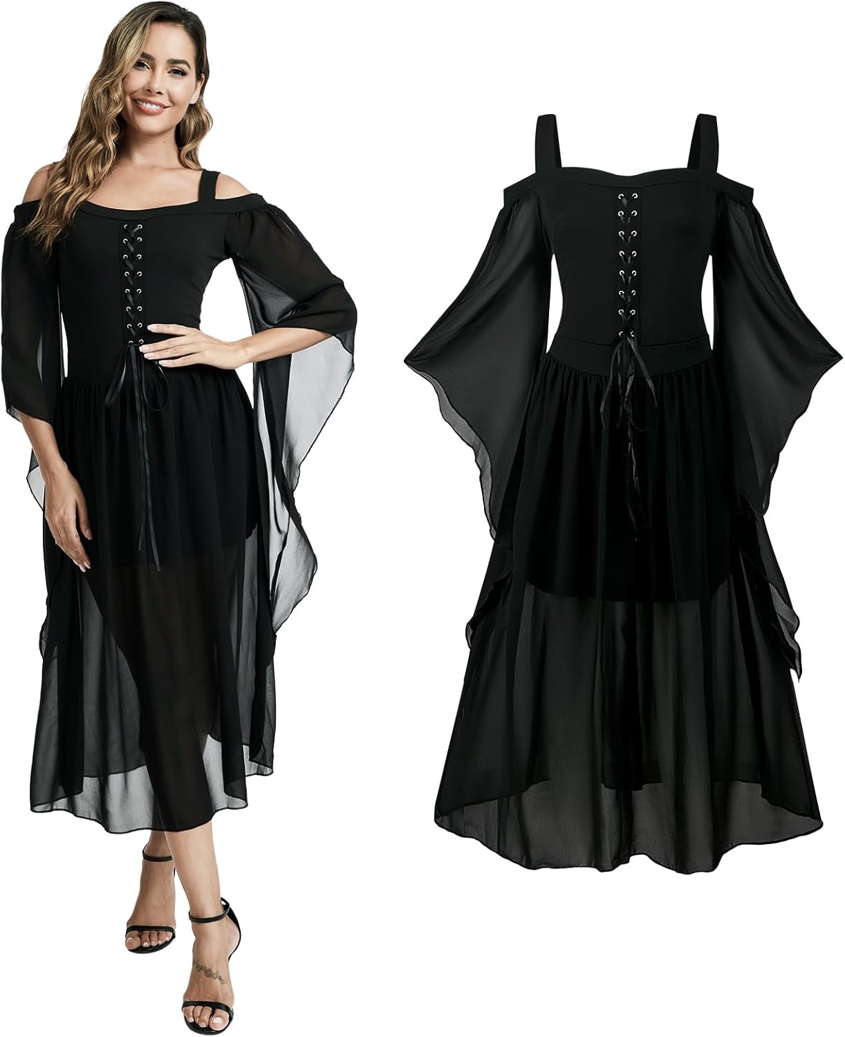 Women Renaissance Costumes Gothic Halloween Costume Cold Shoulder Butterfly Sleeve Lace Medieval Steampunk Dress