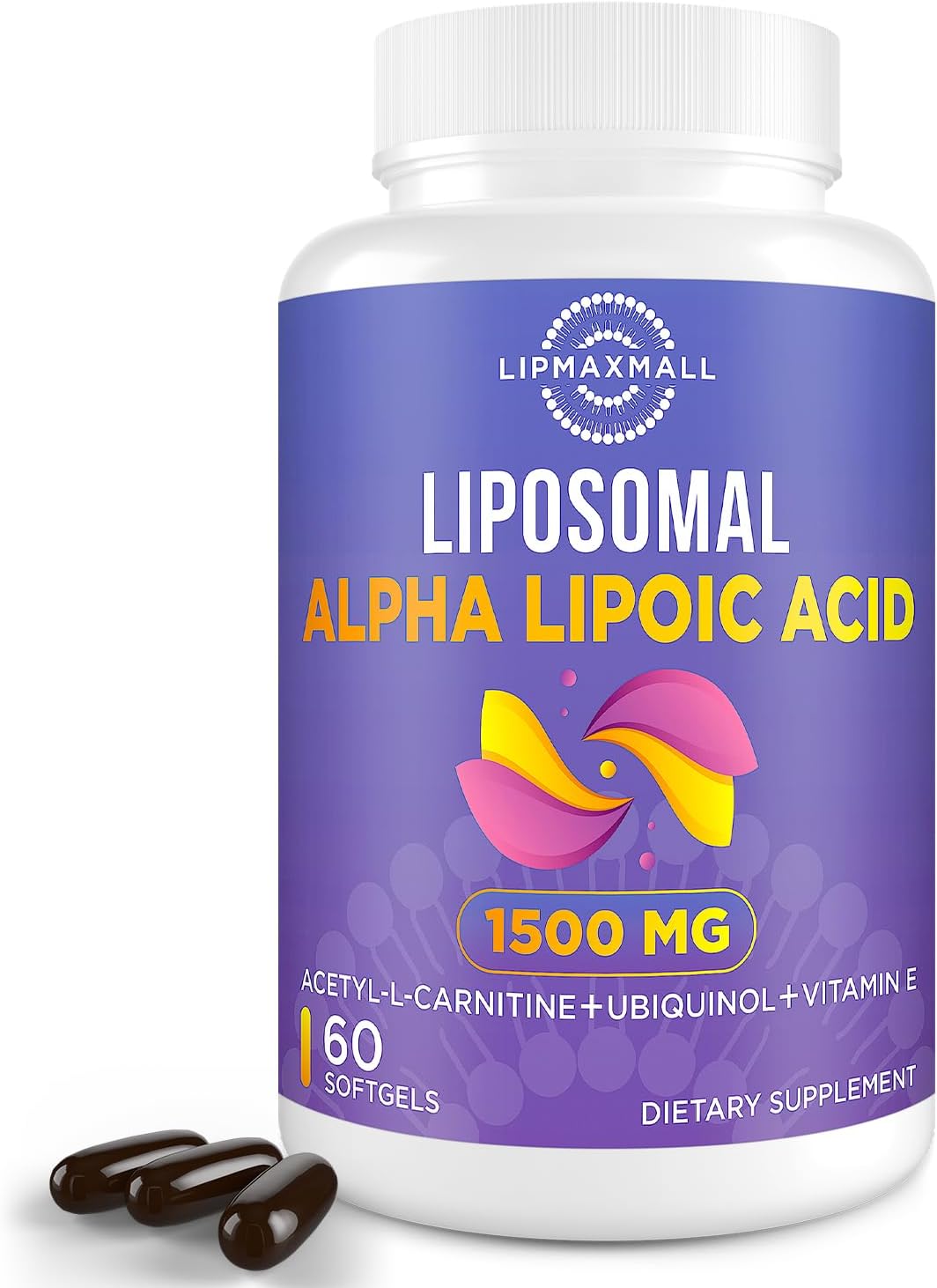 lipmaxmall Liposomal Alpha Lipoic Acid 1500mg-with Acetyl-L-Carnitine 900mg& Ubiquinol 100mg& Vitamin E 15mg，ALA Supplement for Antioxidants Glucose Metabolism Nerve Energy Cardiovascular,60 Softgels