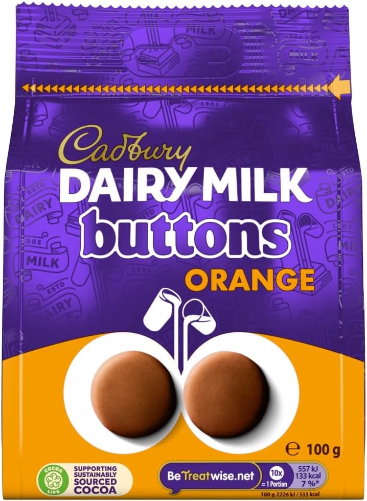 Cadbury Dairy Milk Chocolate Orange Flavour Giant Buttons, Sharing Bag, Bite Size Treats, 100 g Bag (Pack of 1)