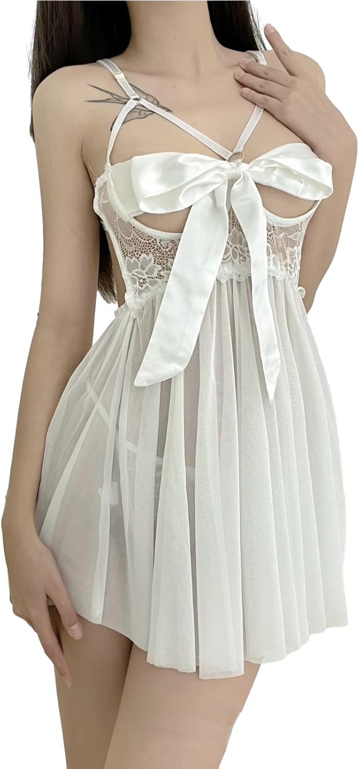 GRAYDREAM Sexy Lingerie Sexy Lace Backless Seductive Bow Nightgown, Suspender Skirt and T-pants Two-piece Set