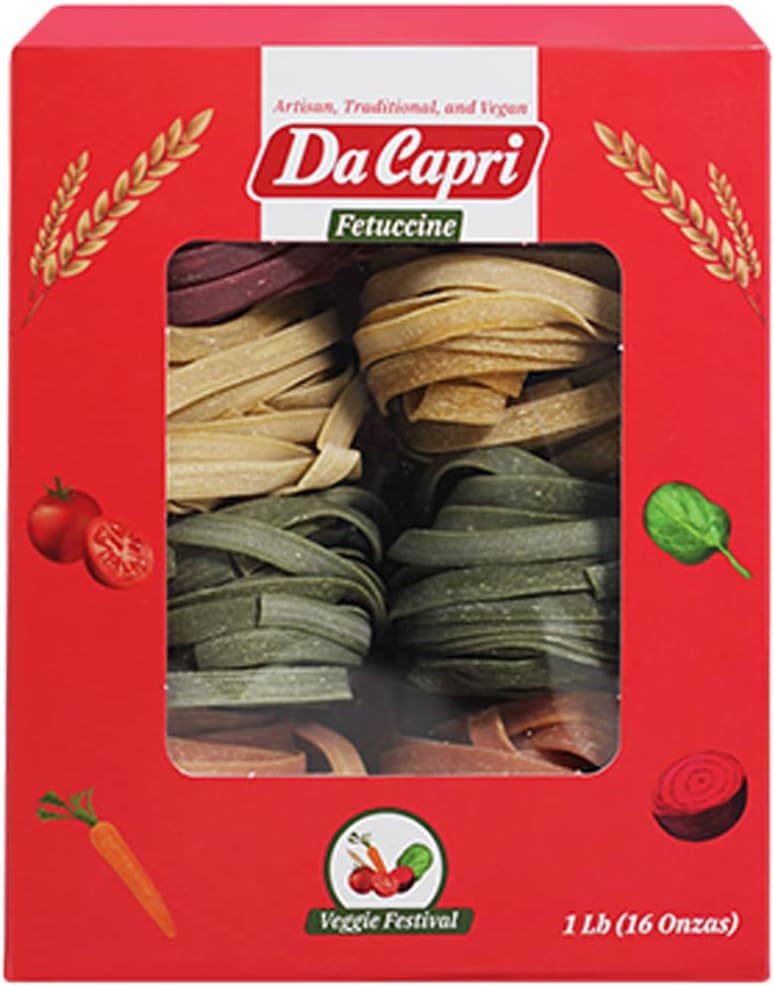 Da Capri Veggie Festival Fettuccine (Pack Of 2) | Artisanal Homemade Pasta | 16 Oz Vegan & Healthy | 100% Natural & Plant-Based | Easy to make & Fast Cooking