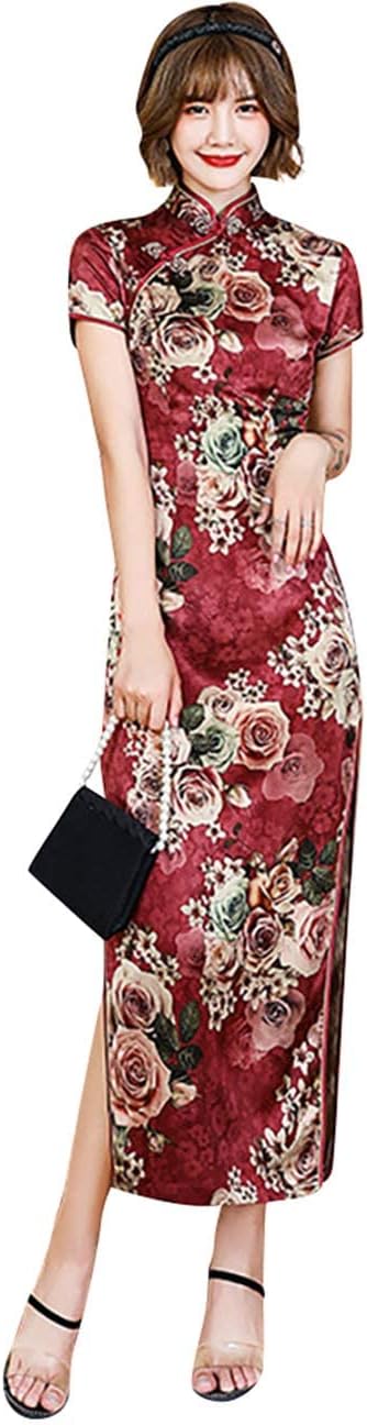 Women's Modern Cheongsam Maxi Dress Floral Print Short Sleeve Slim Fit Ankle Length Bodycon Qipao Tradtional Chinese Dress