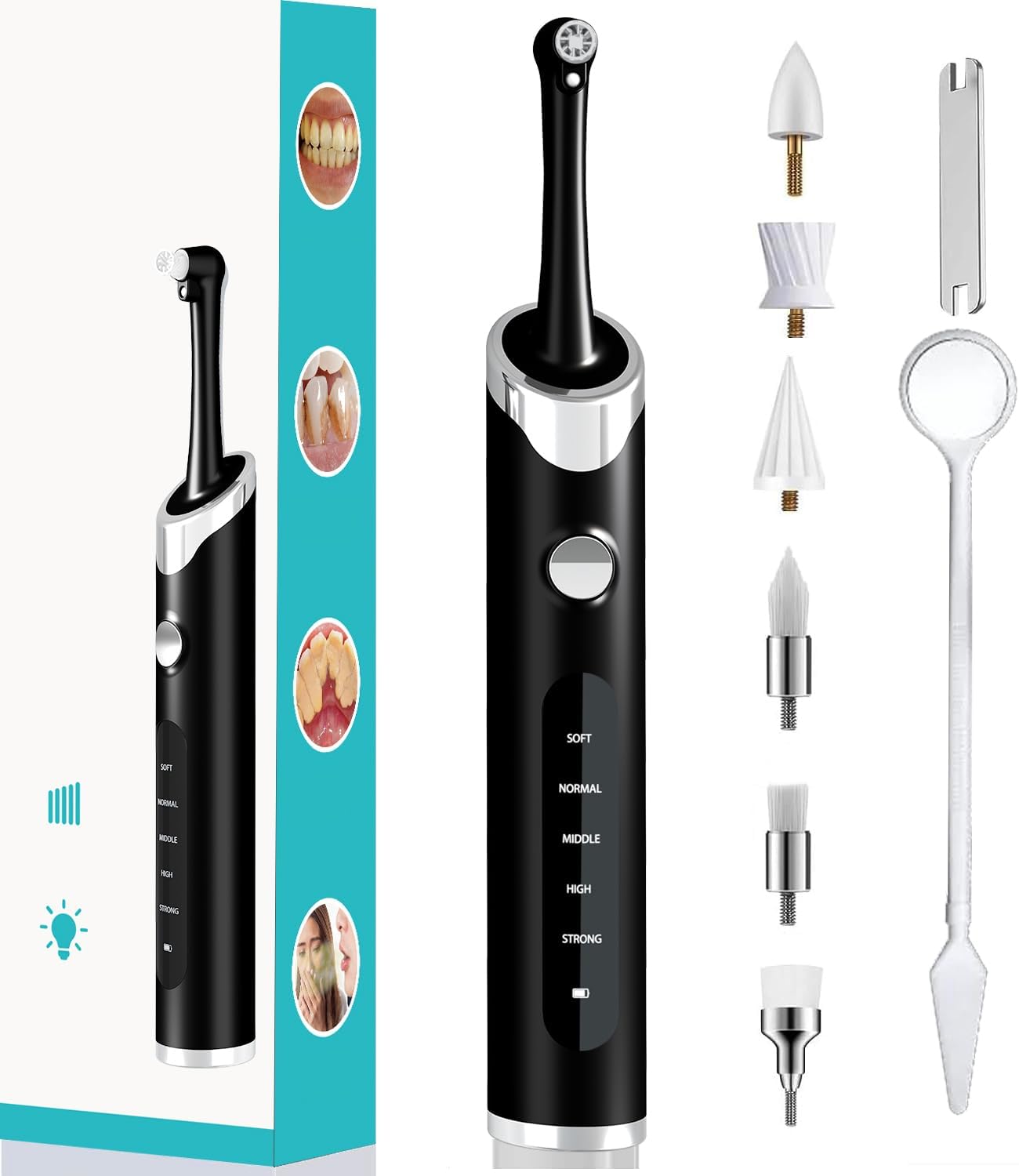 Coobest Tooth Polisher Kit with 5 Speed Modes and 5 Heads, Tooth Whitening for Cleaning with LED Light, IPX7 Waterproof Tooth Polish Complete Teeth Cleaning Tools Home Dental Care Set Black