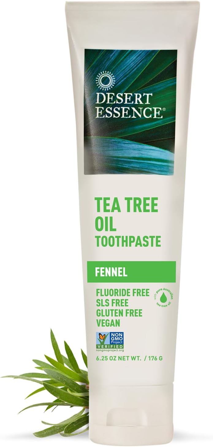 Desert Essence Tea Tree Oil & Fennel Toothpaste, 6.25 oz - Fluoride Free, Gluten Free, Vegan, Non-GMO - Oral Care with Baking Soda & Sea Salt for Healthy Teeth & Gums, Fresh Breath