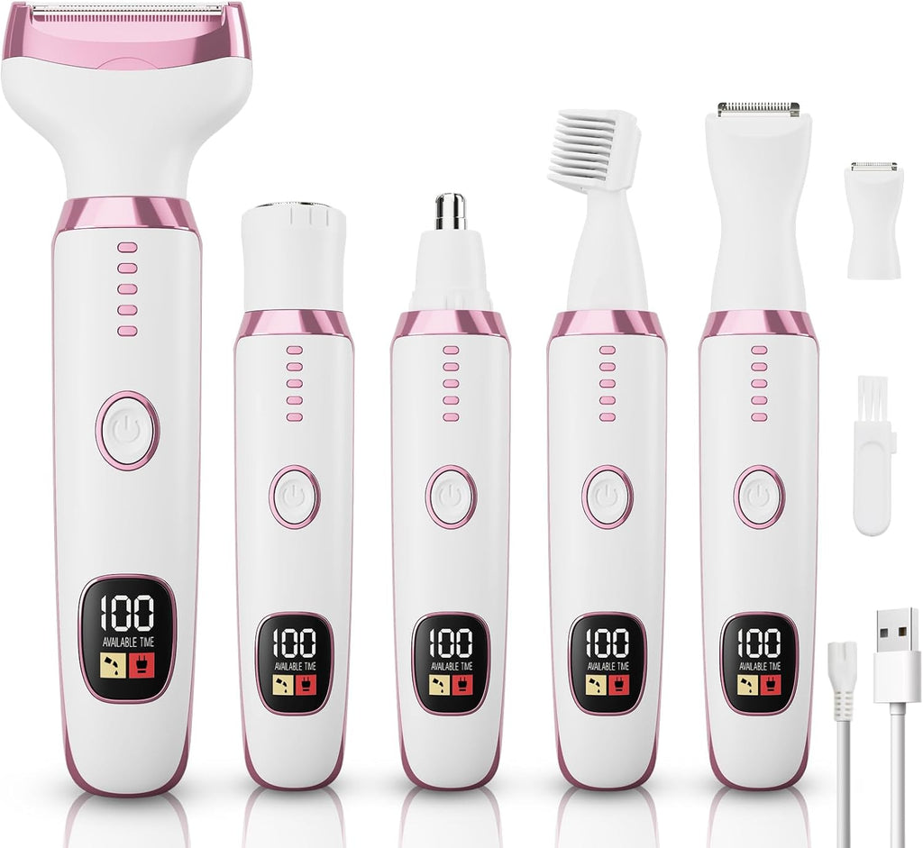 Electric Razor Shavers for Women 5 in 1 Electric Shaver for Women,Cordless Replaceable Facial Eyebrow Razors & Nose Hair Trimmer, Wet Dry Bikini Trimmer Pubic Hair Removal Gifts for Womens 3028A White