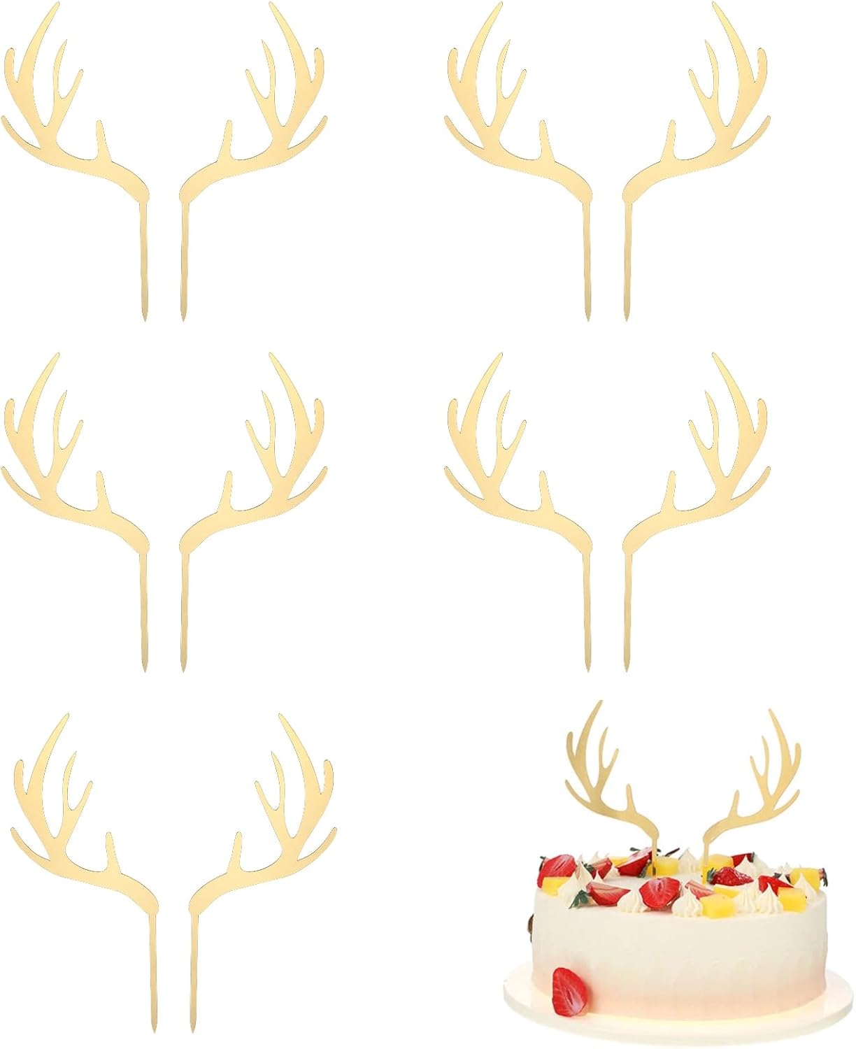 MAGICLULU Christmas Cake Toppers, 5Pcs Reindeer Antler Acrylic Cake Topper for Christmas Birthday Wedding Party Decorations 2.7 x 7.1Inch