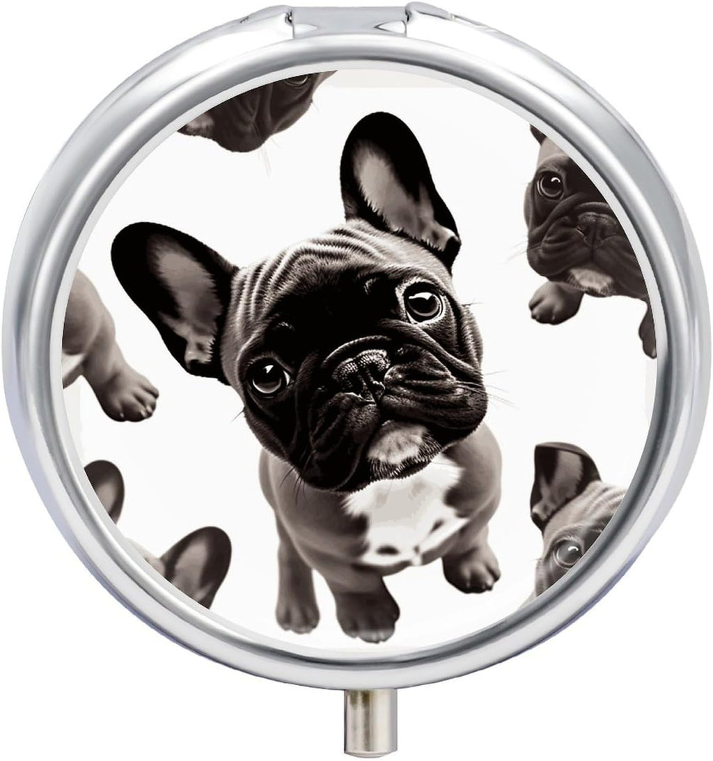 Medicine Box 3 Compartment Pill Box Cute Small Pill Box French Bulldog Printed Round Pill Box Multi Function Pill Box for Vitamins Fish Oil Supplements Pearls