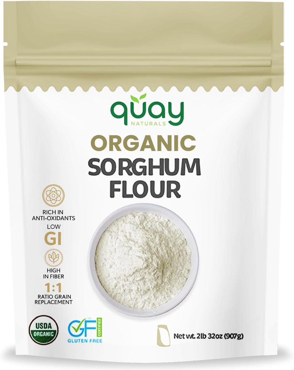 Quay Naturals Organic Sorghum Flour 2lb - Organic Jowar Flour - Made With Gluten Free Sorghum Whole Grain - Non GMO - Gluten Free Baking Flour