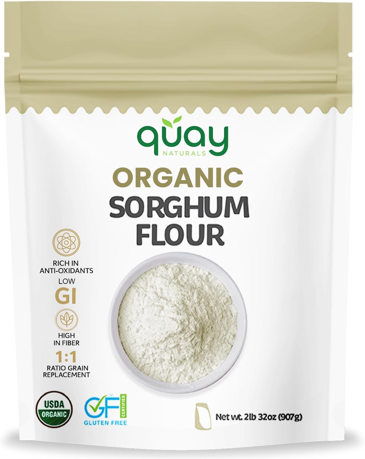 Quay Naturals Organic Sorghum Flour 2lb - Organic Jowar Flour - Made With Gluten Free Sorghum Whole Grain - Non GMO - Gluten Free Baking Flour