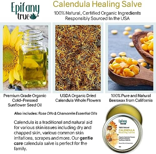 100% Natural Calendula Salve 2oz | Dry Skin Soothing Balm, Eczema Cream, Rashes, Bruises, Bug Bite Itch Relief | Organic Calendula, Organic Beeswax