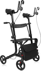 Upright Walker for Seniors & Adults with Seat 450 lb Capacity, Stand Up Walkers Foldable, 19.8 lbs Lightweight, Adjustable Arms, 7.9-Inch Wheels for All Terrain Rollator Walker (Black02)