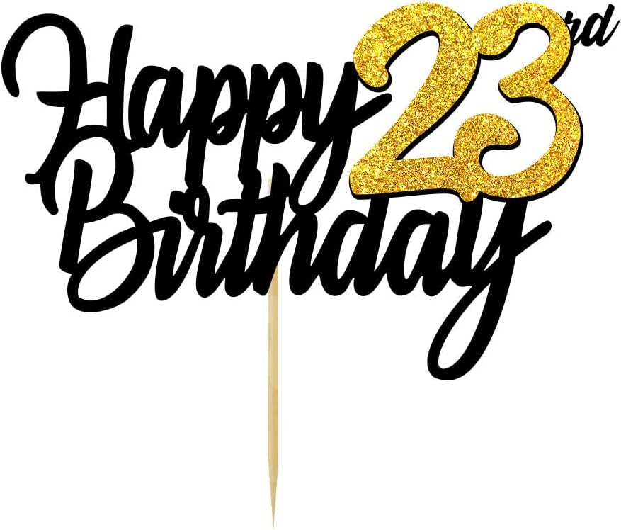 Happy 23rd Birthday Cake Toppers Glitter 23rd Anniversary Cake Topper 23 Years Loved Bday Decorations 23 Gold Birthday Cake Decorations Twenty-three Party Supplies for Women Men(Black Gold)