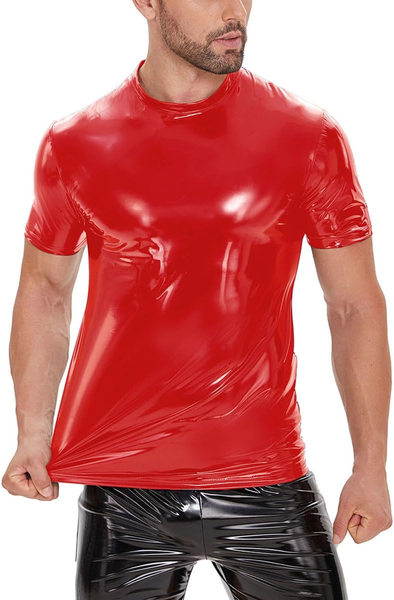 Men Shiny Leather T-Shirt, Wetlook, Short Sleeve, Glossy Latex Coat for Male