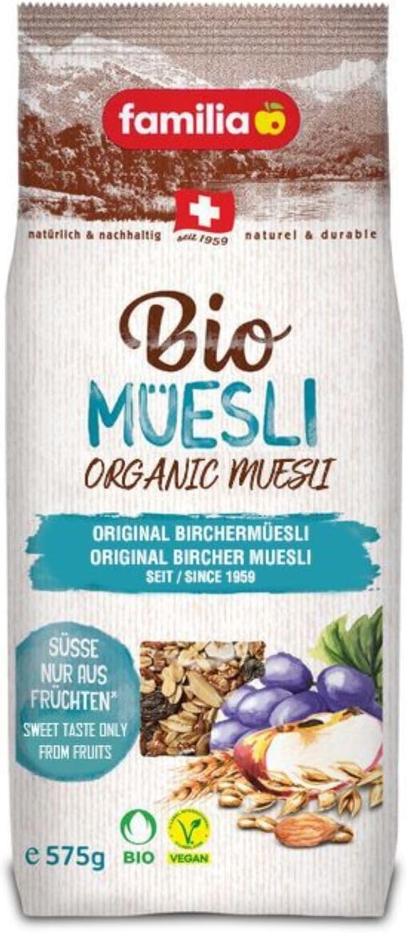 Familia Organic Original Bircher Müesli, 0g Added Sugar, Energy-Packed Cereal with Raisins, Fruit Flakes, Hazelnuts and Almonds, 20oz Bag (Pack of 1)