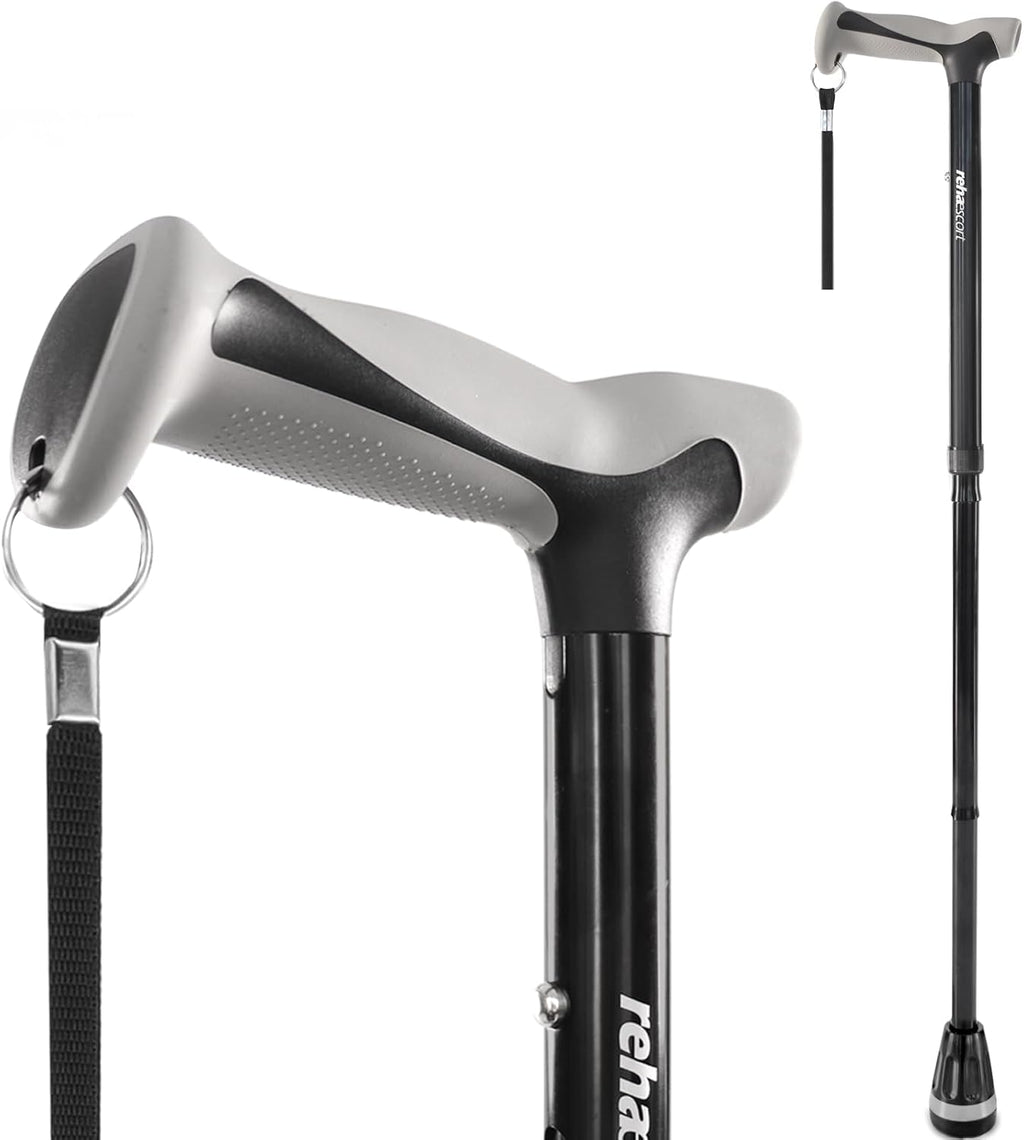Rehaescort Walking Cane, Folding, Adjustable, Lightweight, Walking Canes for Men & Women, Soft Ergonomic Handle, Heavy Duty All Terrain Tip, Walking Sticks for Seniors & Adults with Travel Bag