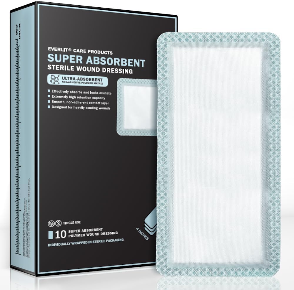EVERLIT Super Absorbent Dressing for Wound Care | Nonstick Soft Surgical Gauze Pad for Heavily Exuding Wounds | Large Sterile Non-Adhesive Bandage for Fast Healing Wound Care | Pack of 10 (4" x 8")