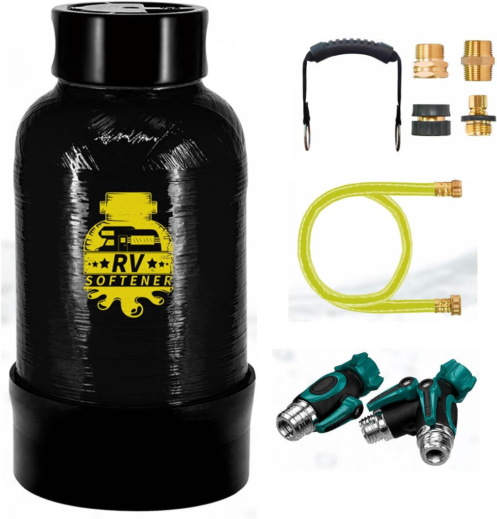Filterelated RV Water Softener -16000 Grain Portable Water Softener with 3/4 "Brass Fitting and Custom Hose, Softened Hard Water Filter System for RV,Boats,Mobile Car Washes,Pressure Washes