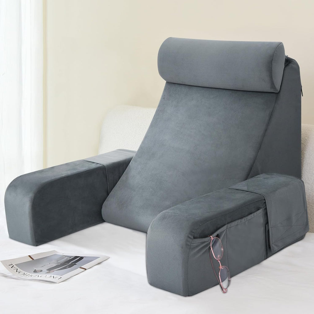 ENITYA Reading Pillow for Sitting in Bed Adult, 19" Back Support Pillow for Bed Sitting up, Backrest Cushion for Reclining,Gaming,Resting,Watching TV in Couch or Floor, Wedge with Arms, Medium(Grey)