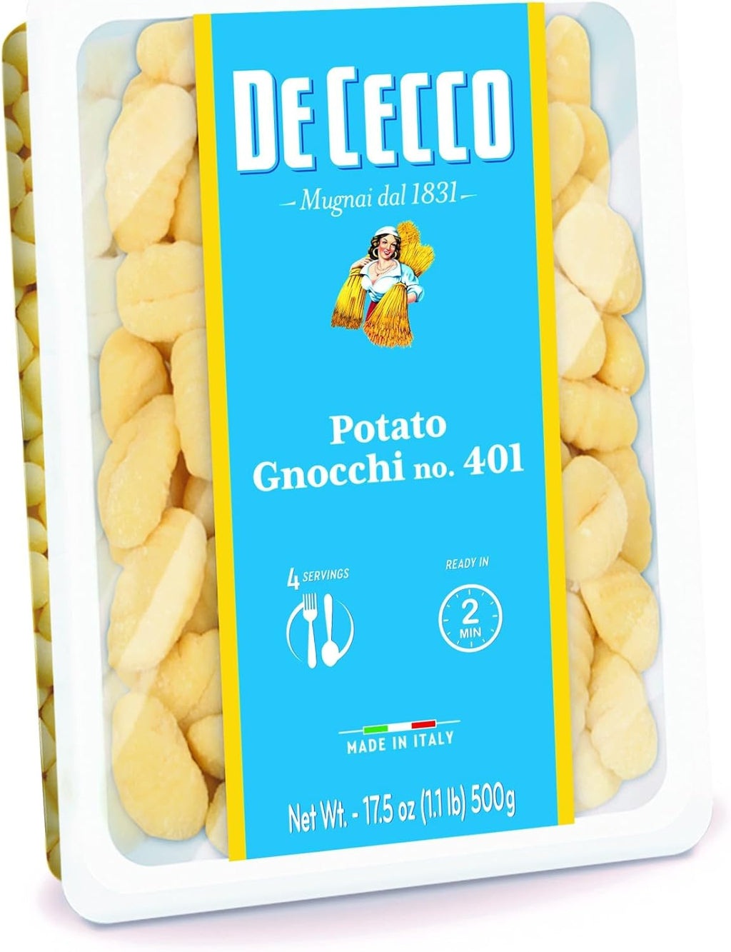 De Cecco Potato Gnocchi No. 401, 17.5 Oz (Pack of 4), Authentic Italian Dumplings, Made with Potatoes and Wheat Flour, Versatile Pasta for Sauces & Recipes, Made in Italy