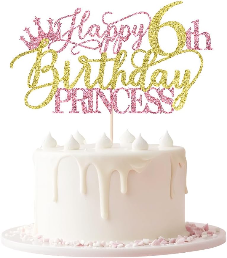 Princess 6th Birthday Cake Topper - Happy 6th Birthday Cake Supplies for Girl - Girl six Years Old Party Decorations - Pink & Gold Glitter