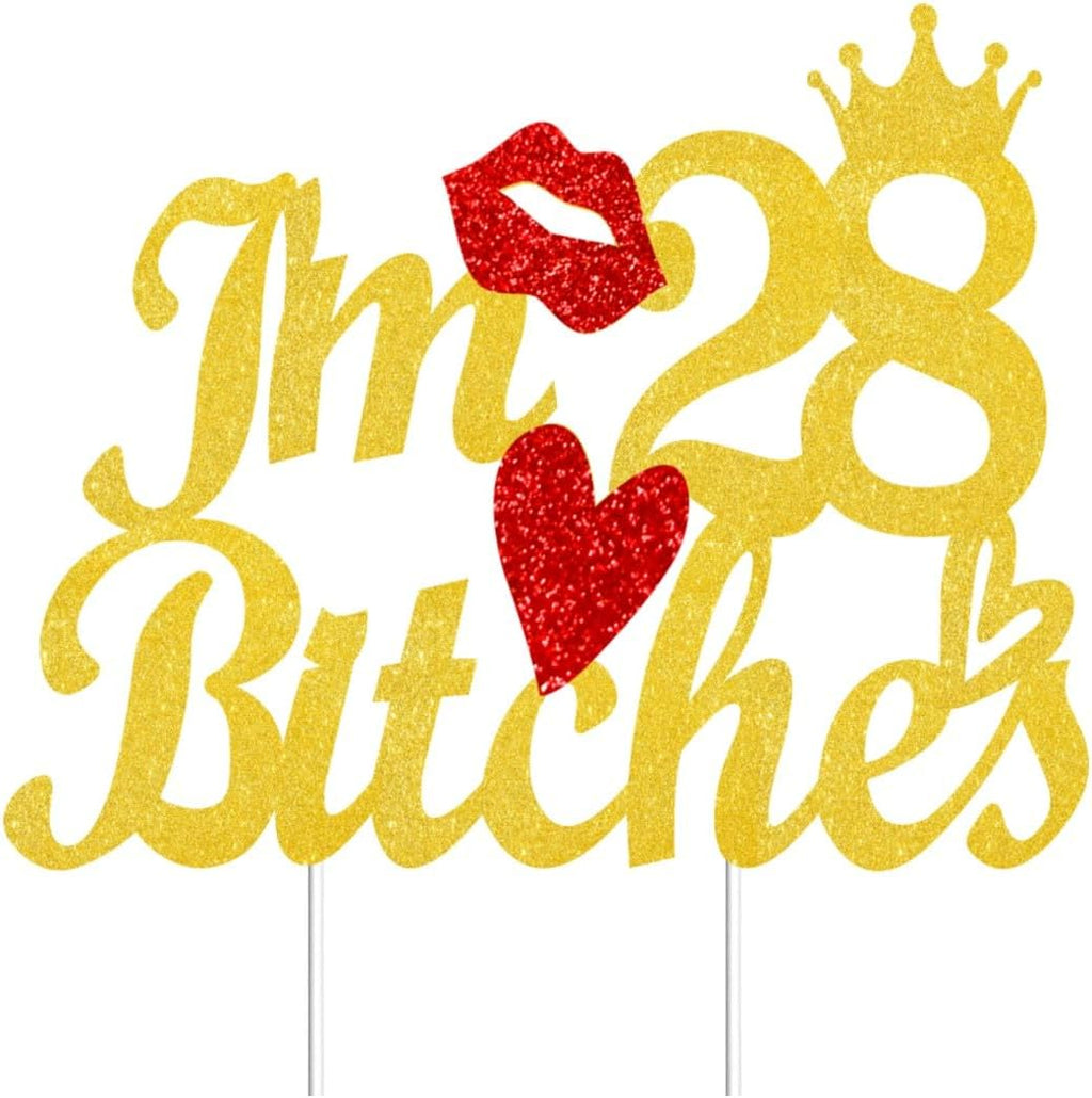 Happy 28th Birthday Cake Toppers Gold Glitter, Cheers to 28 Years Old Bday Decoration 28th Anniversary Dessert Topper, Twenty-eight Theme Cake Picks Appetizers Cocktail Toothpicks Party Supplies
