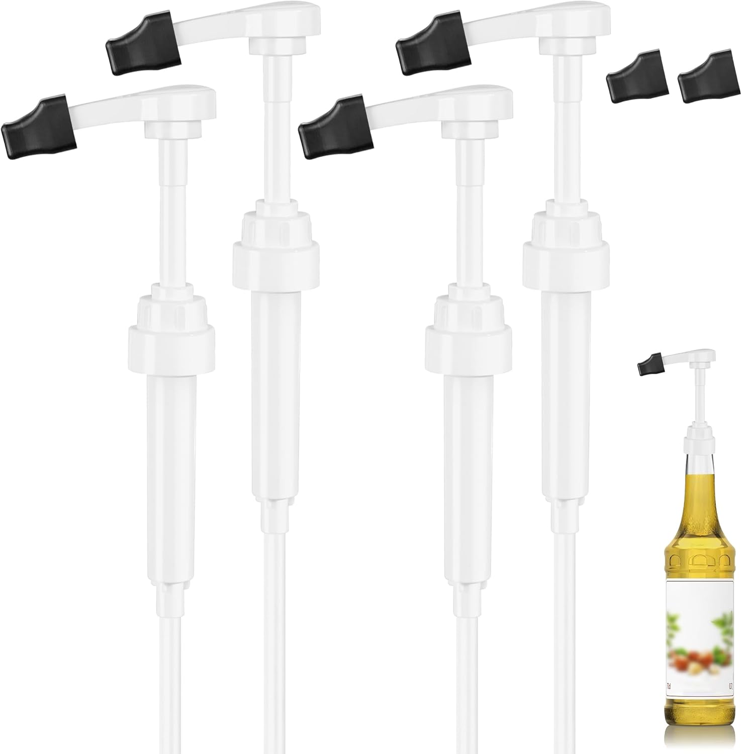 Coffee Syrup Pump for 750 ml Bottle – 4 Pack Syrup Dispenser Pumps Compatible with Monin Glass Bottles – No Clog, Precise Dispensing, Includes 6 Tip Covers – for Coffee Bar, Kitchen, White