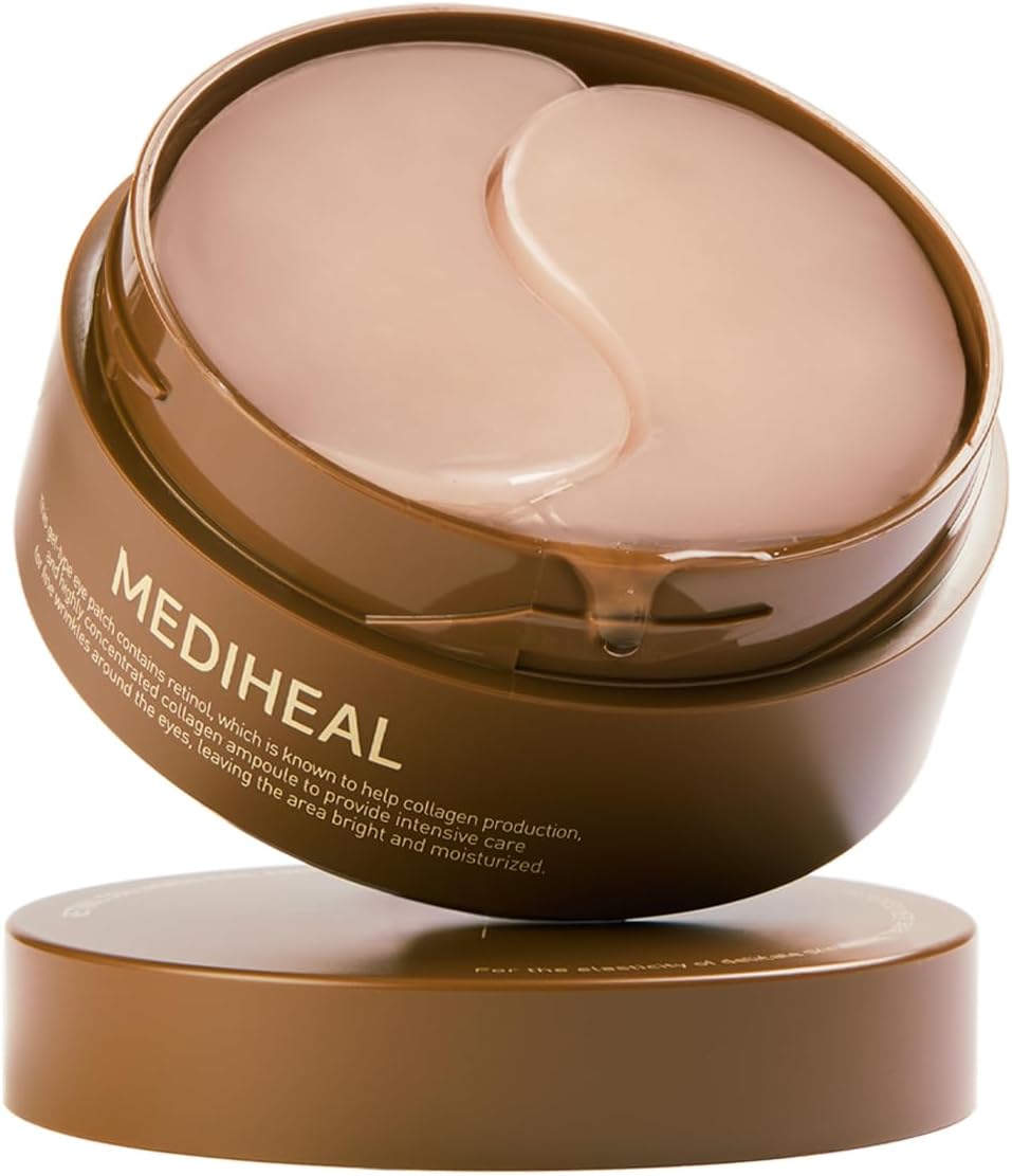 Mediheal Retinol Collagen Under Eye Patches - Korean Hydrogel Eye Pads (60 patches) with 95% Retinol & 5 Micro Collagen. Nourishing & Non Irritating Eye Gel Mask. Sealing Cap & Spatula Included.