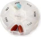 Deke Home - Round Portable Pill Box, Medicine Planner, Small 7 Day Weekly Travel Container, Medication, Vitamin Holder, Pillbox Organizer, Pill Dispenser, Daily Sorter & Reminder, BPA Free