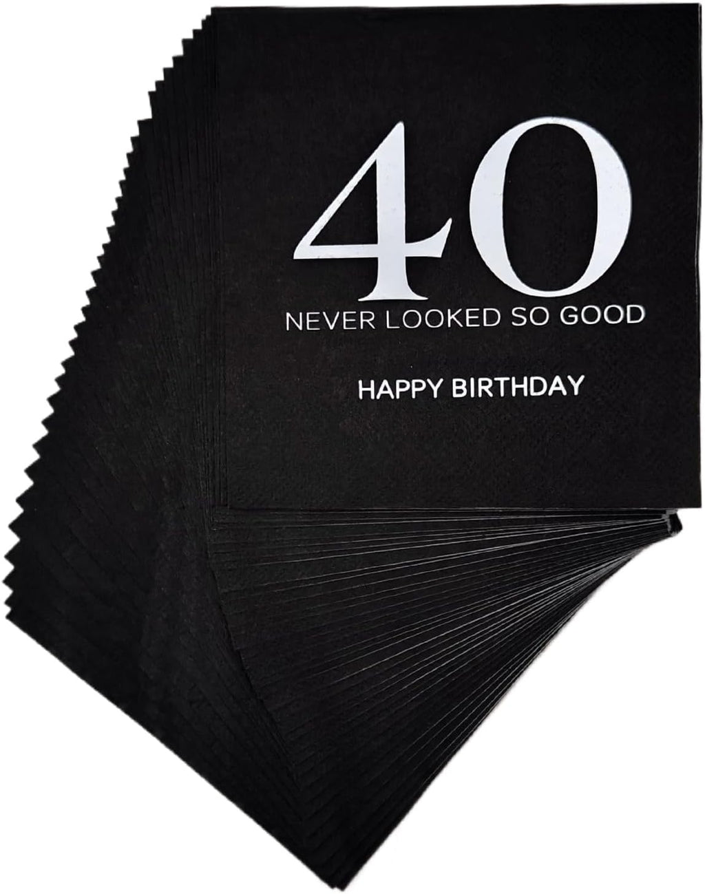 Black and Silver Happy 40th Birthday Disposabel Napkins,40th Birthday Party Decoration Dessert Beverage Cocktail Cake Napkins 40pcs