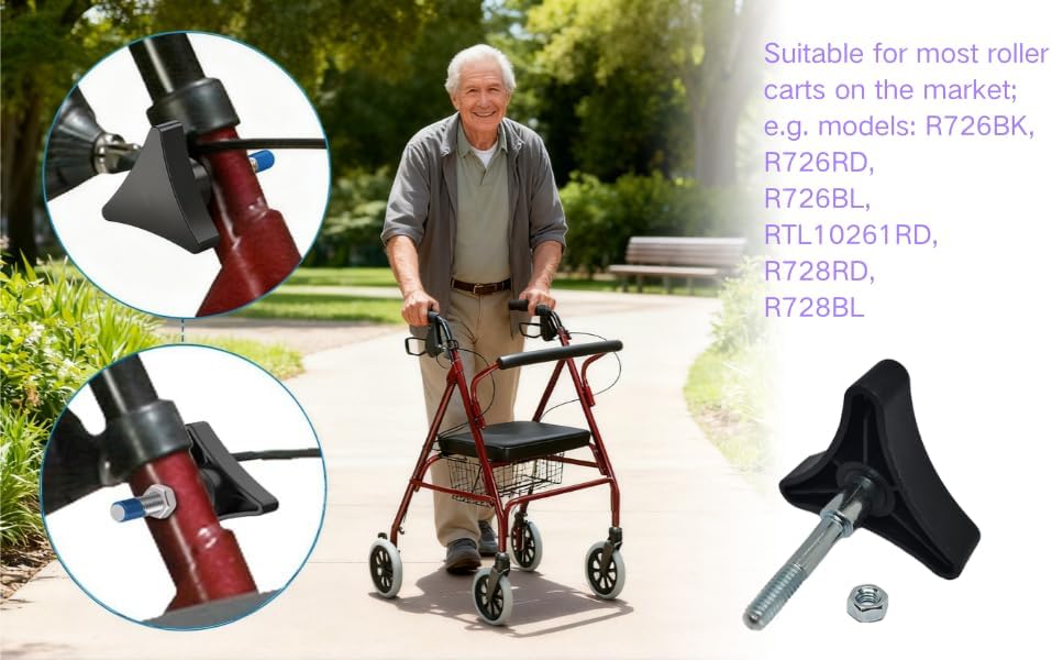Replacement parts for the arm adjustment knob of the wheelchair walker. Replacement knob for the height-adjustable arm track bolt kit, suitable for the T-track bolts of Vivive Mobility Company