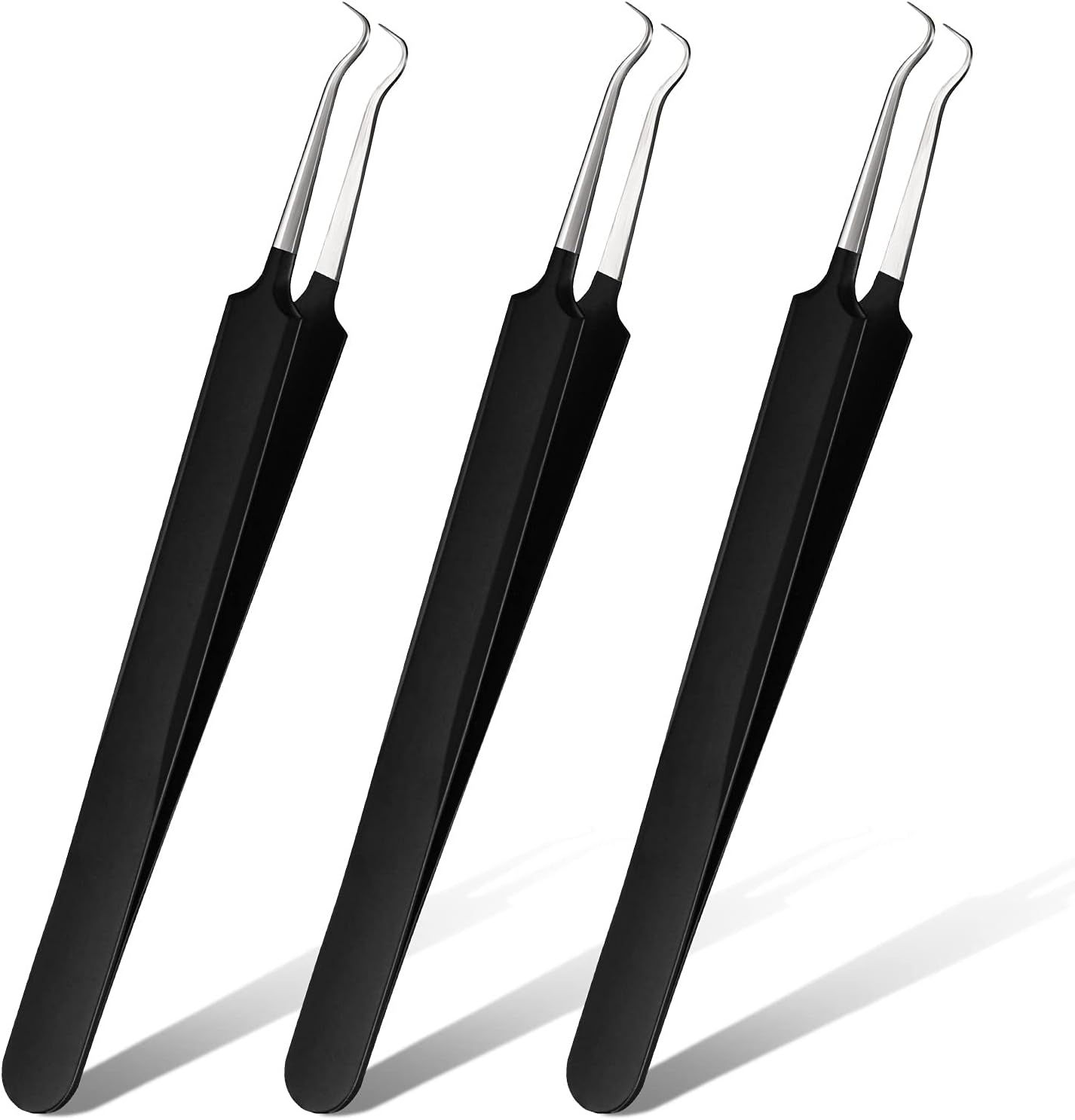 Honoson 3 Pcs Blackhead Tweezer Stainless Steel Pimple Tweezers Extractor Tool for Remove Zit Whitehead Pimple Bend Curved Tweezer Skin Blackhead Remover Tools(Black)