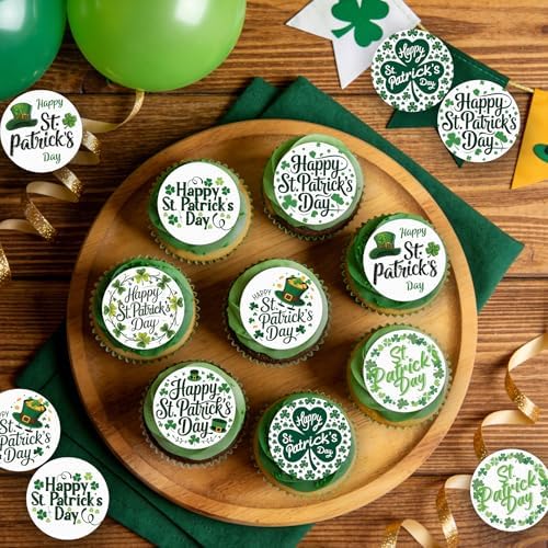 36PCS Edible Happy St Patrick’s Day Cupcake Toppers Wafer Paper Four Leaf Clover Cupcake Picks for Happy St Patrick’s Day Irish Theme Baby Shower Birthday Party Cake Supplies