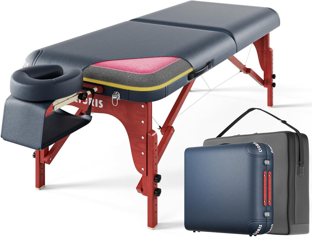 CLORIS 84" Luxury Massage Table Portable 2 Folding Lightweight Facial Salon Spa Tattoo Bed Height Adjustable with Carrying Bag & Wooden Leg Hold Up to 1500LBS Blue