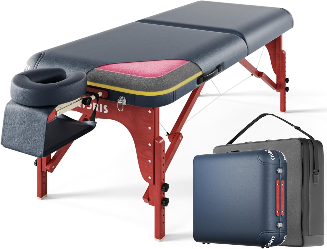 CLORIS 84" Luxury Massage Table Portable 2 Folding Lightweight Facial Salon Spa Tattoo Bed Height Adjustable with Carrying Bag & Wooden Leg Hold Up to 1500LBS Blue