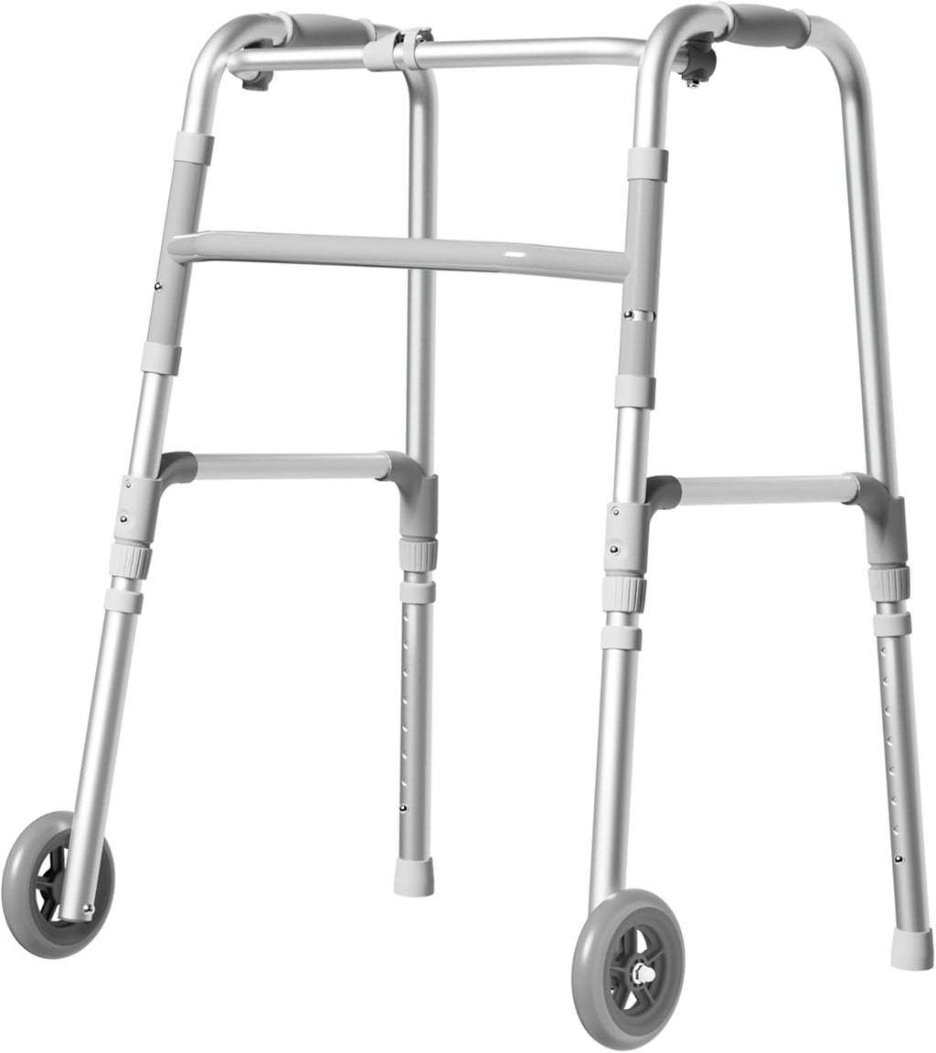 Folding Walkers for Seniors, Lightweight Rolling Walker with 8 Height Adjustments, 350 lbs Capacity, Hand Grips, Aluminum Front Wheel Walker with 2 Skis and 5" Wheels for Elderly Adults and Handicap