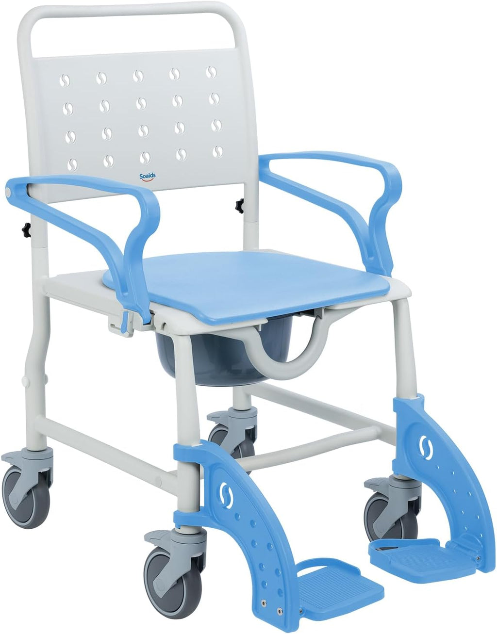 4-in-1 Shower Commode Chair with Wheels for Elderly & Disabled Adults, Padded Rolling Toilet Chair, Bedside Commode, Transport Wheelchair with Locking Caster for Bathroom, Home Care (Sky Blue)