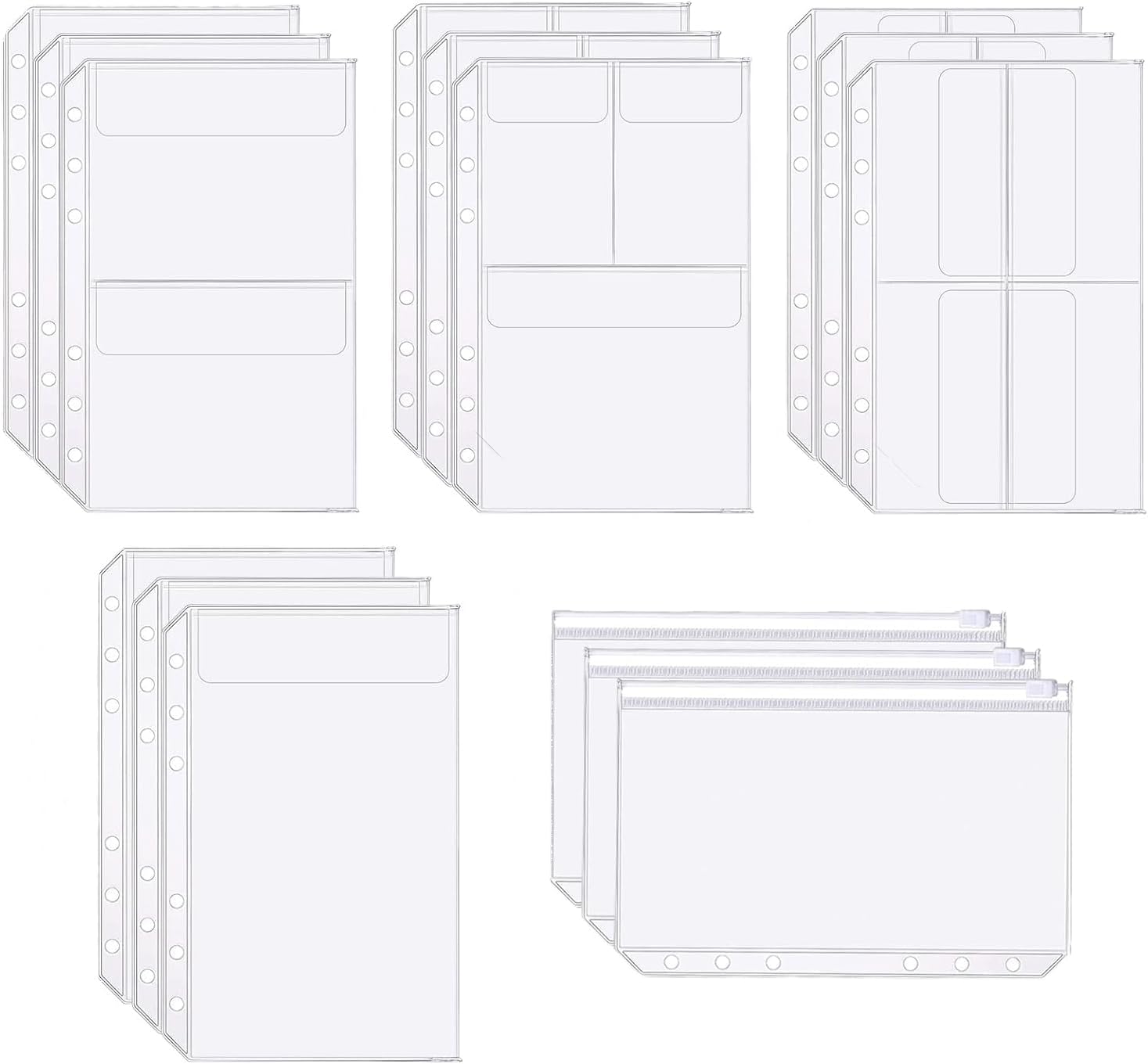 Binder Pockets, 15pcs A5 Size 6 Holes Binder Pockets, [Waterproof PVC Pouch] Premium Clear Binder Zipper Folders Document Filing Bags for 6-Ring Notebook Binder Loose Leaf Bags,-Clear