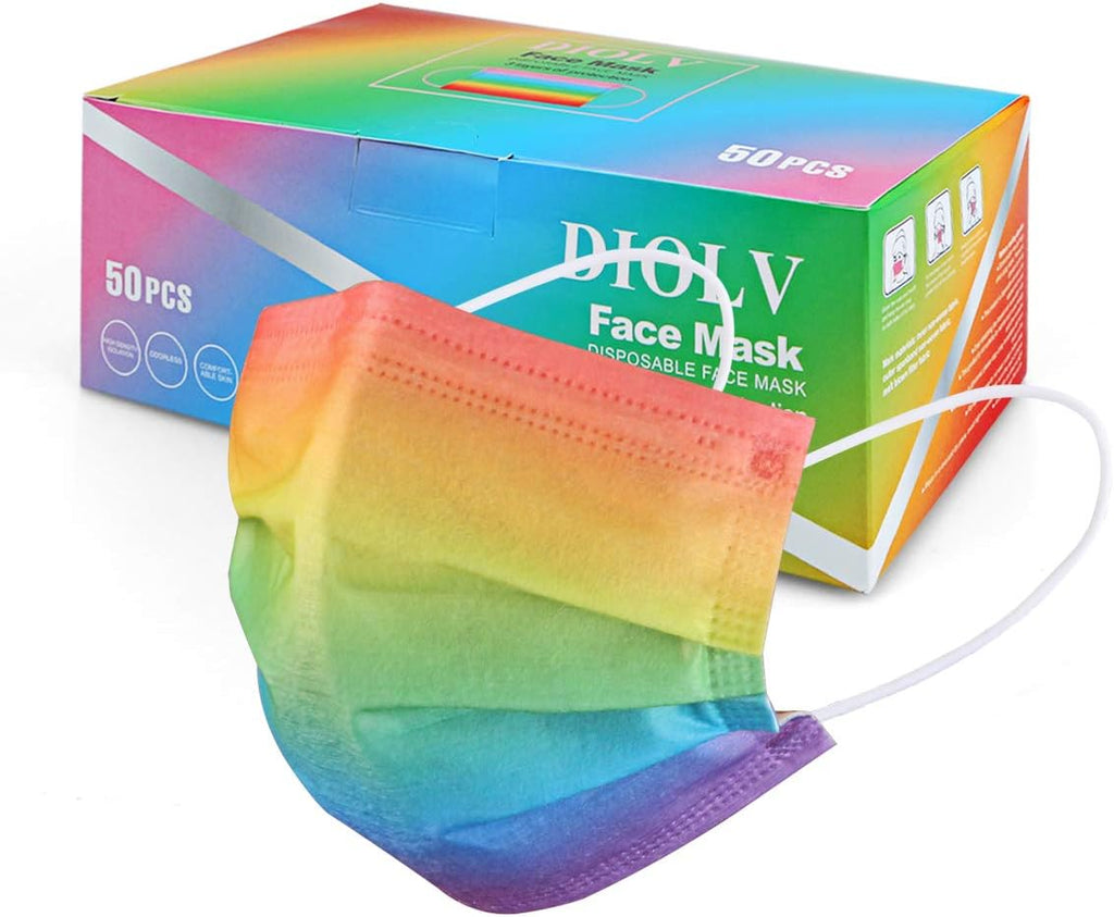 Disposable Face Mask Adult 3 Layer Mens Breathable Facemask Womens Facial Masks for Indoor Outdoor 50Pcs/Pack Earloop, Colorful