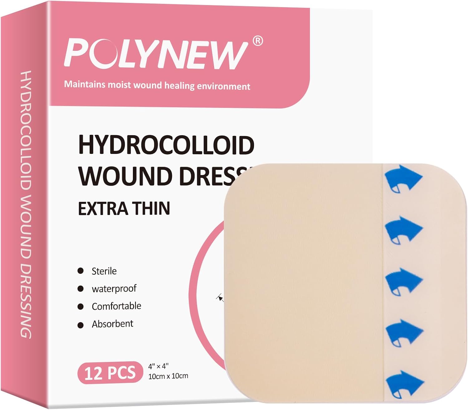 4" x 4"-12 Pack Extra Thin Hydrocolloid Dressing for Light Exudate, Hydrocolloid Patches Waterproof Wound Dressing, Adhesive Hydrocolloid Bandages, for Pressure Ulcer, Bed Sore